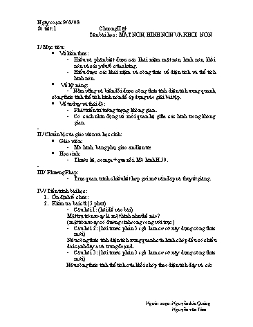 Giáo án Hình học 12 (Nâng cao) - Chương II, Bài 4: Mặt nón, hình nón và khối nón