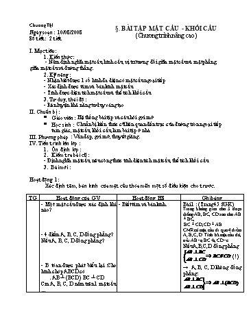 Giáo án Hình học 12 (Nâng cao) - Chương II, Bài học: Bài tập mặt cầu, khối cầu