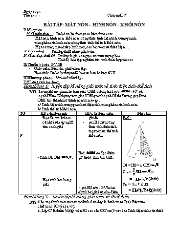 Giáo án Hình học 12 (Nâng cao) - Chương II, Bài học: Bài tập mặt nón, hình nón, khối nón