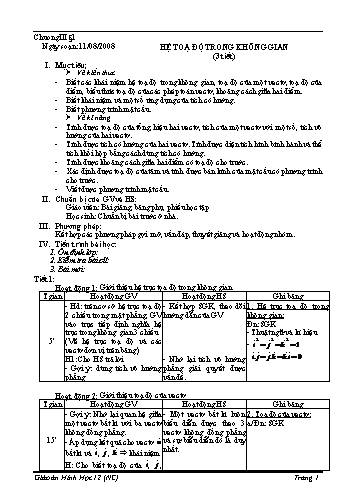 Giáo án Hình học 12 (Nâng cao) - Chương III, Bài 1: Hệ toạ độ trong không gian (3 tiết)