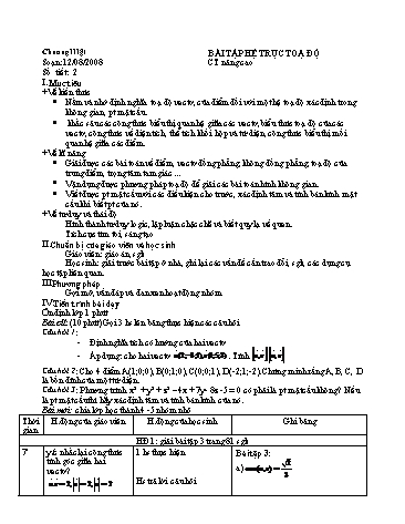 Giáo án Hình học 12 (Nâng cao) - Chương III, Bài học: Bài tập hệ trục toạ độ