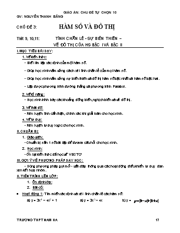 Giáo án Tự chọn môn Toán 10 - Chủ đề 3, Tiết 9 đến 11: Tính chẵn lẻ. Sự biến thiên. Vẽ đồ thị của hàm số bậc I và bậc II - Nguyễn Thanh Bằng
