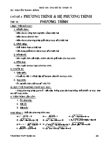 Giáo án Tự chọn môn Toán 10 - Chủ đề 4, Tiết 13: Phương trình - Nguyễn Thanh Bằng