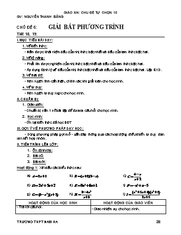 Giáo án Tự chọn môn Toán 10 - Tiết 18+19, Chủ đề 6: Giải bất phương trình - Nguyễn Thanh Bằng
