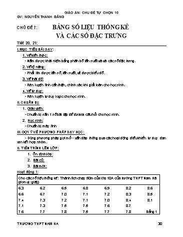 Giáo án Tự chọn môn Toán 10 - Tiết 20+21, Chủ đề 7: Bảng số liệu thống kê và các số đặc trưng - Nguyễn Thanh Bằng