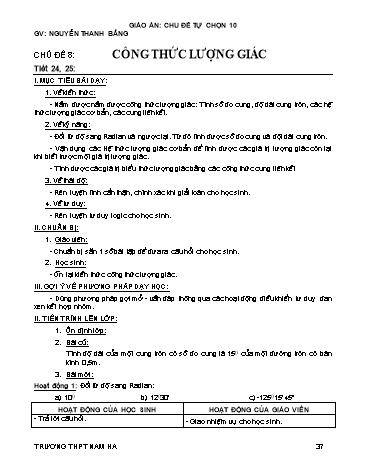 Giáo án Tự chọn môn Toán 10 - Tiết 24+25, Chủ đề 8: Công thức lượng giác  - Nguyễn Thanh Bằng