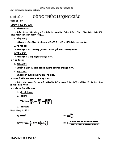 Giáo án Tự chọn môn Toán 10 - Tiết 26+27, Chủ đề 8: Công thức lượng giác  - Nguyễn Thanh Bằng