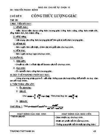 Giáo án Tự chọn môn Toán 10 - Tiết 28, Chủ đề 8: Công thức lượng giác  - Nguyễn Thanh Bằng