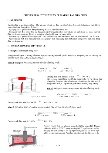 Tài liệu Ôn tập kiến thức Hóa học 12 - Chuyên đề 01: Lý thuyết và PP giải bài tập điện phân