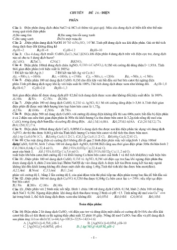 Tài liệu Ôn tập kiến thức Hóa học 12 - Chuyên đề 16: Điện phân